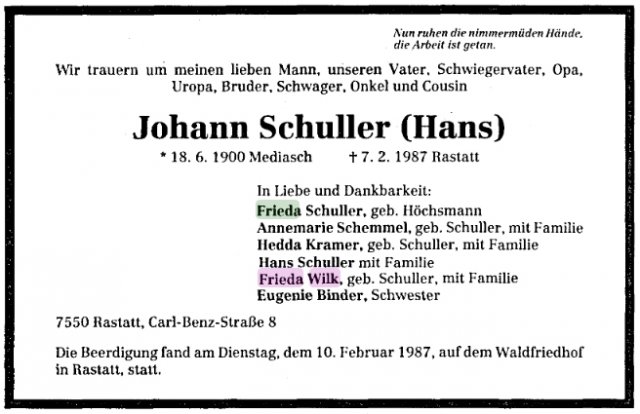 Schuller Johann 1900-1987 Todesanzeige